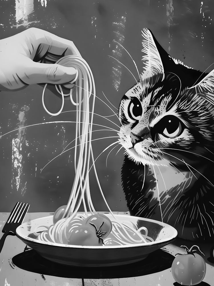 Chat Mangeant des Spaghettis