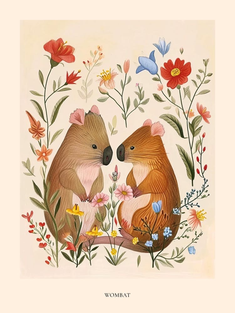 Folksy Floral Animal Drawing Wombat Poster