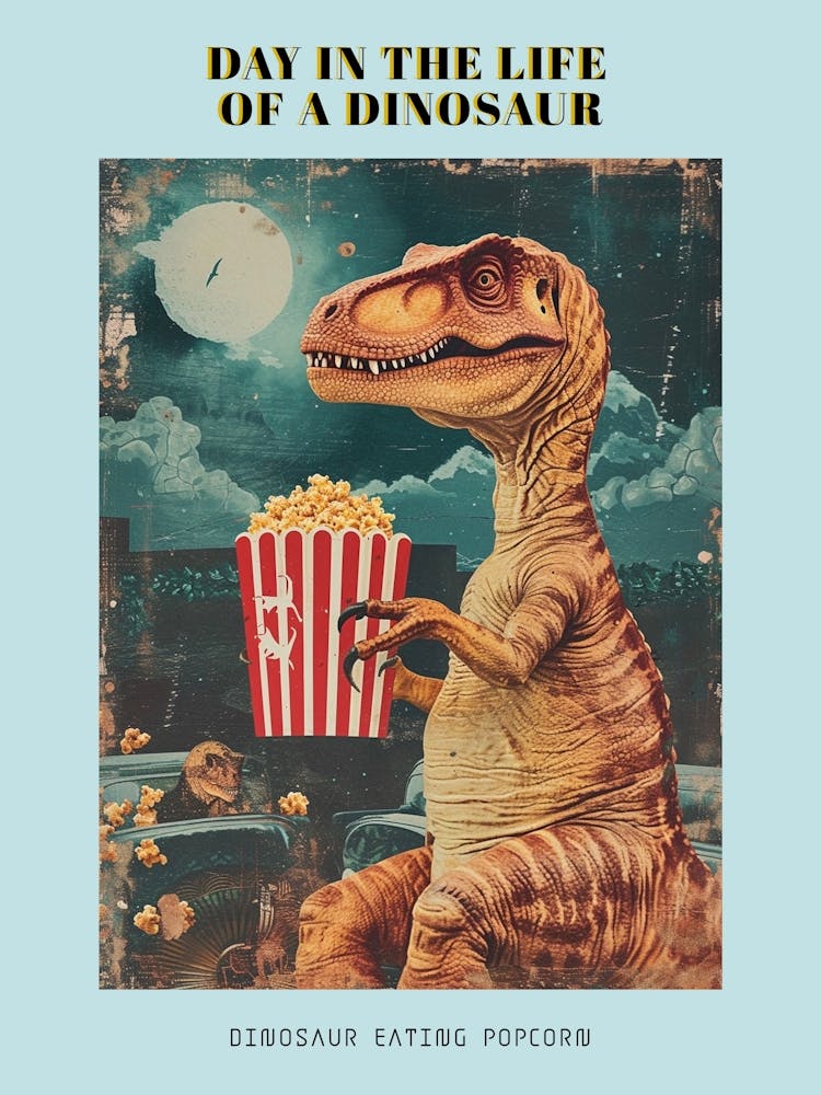 Dinosaur Eating Popcorn Retro Collage 1 Poster