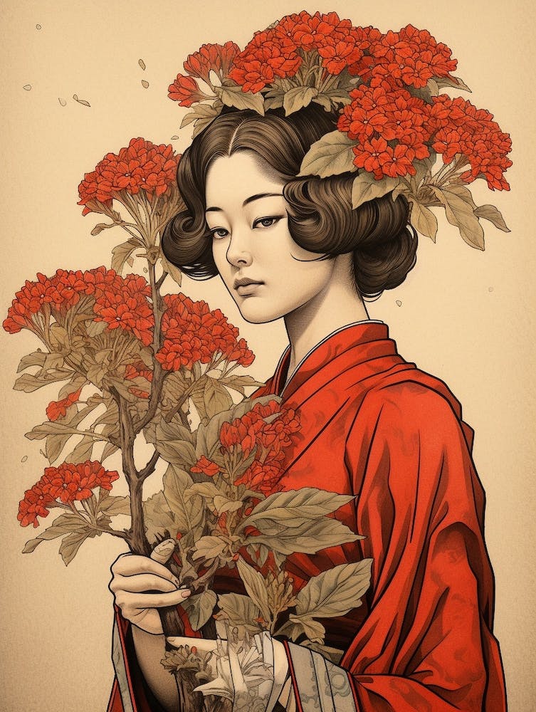 Hanakotoba Kreppmyrte Vintage Japanische Botanik und Geisha
