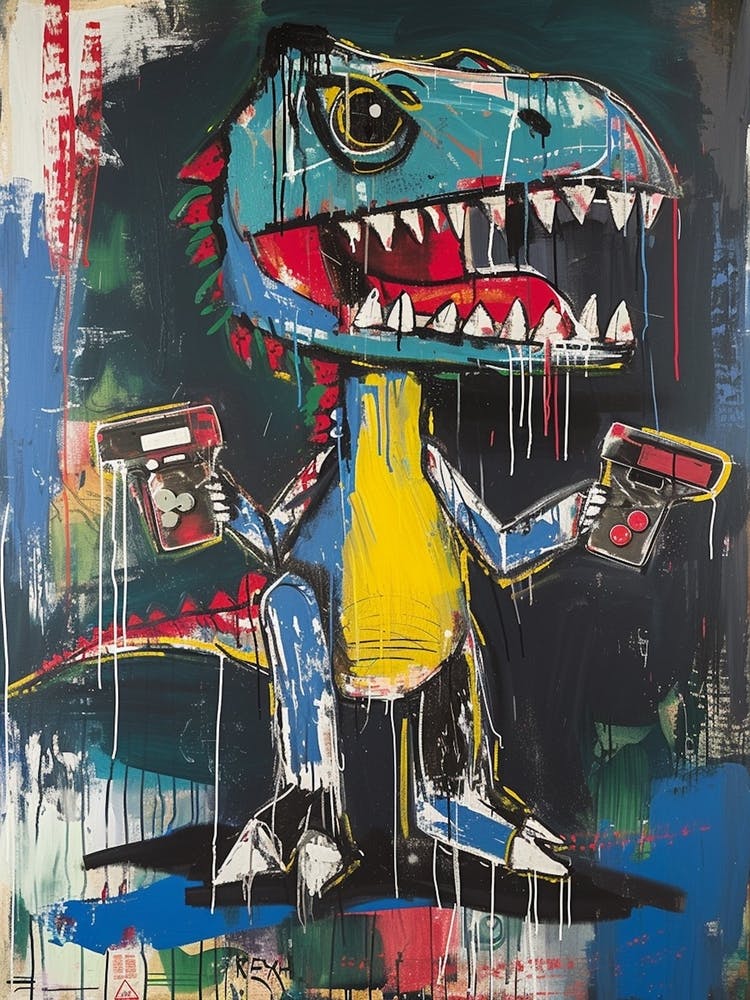 Dinosaurier-Farb-Graffiti mit Videospiel-Pistolen-Controller