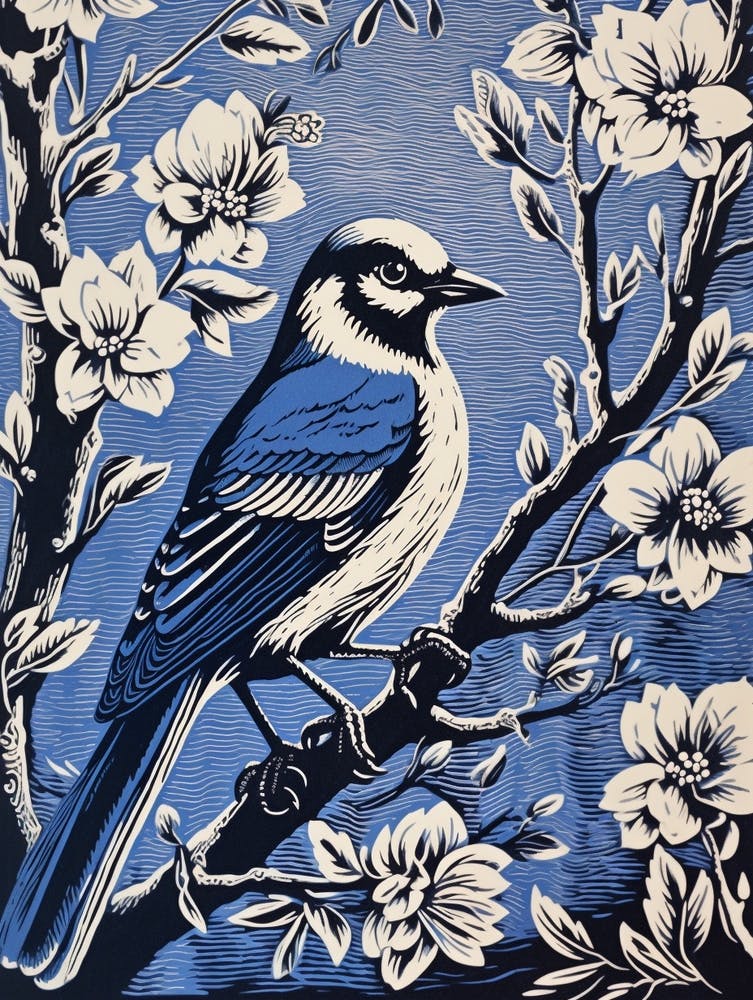 Vintage Bird Linocut Blue Jay 4