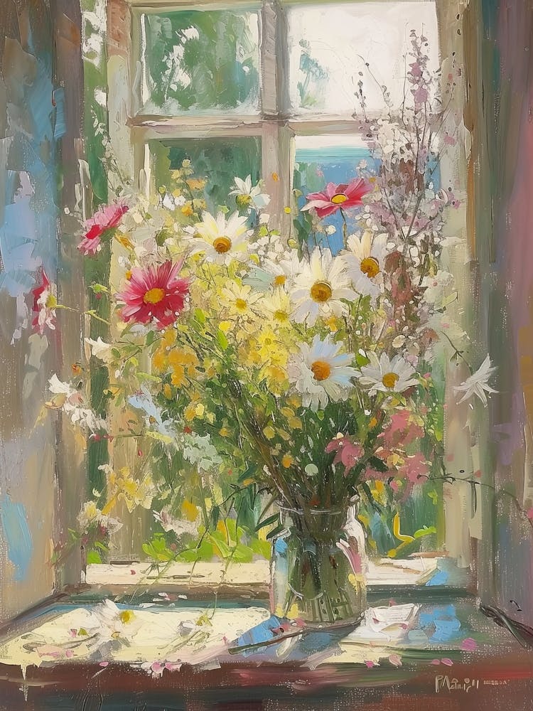 Gerbera-Blumen an einem Landhausfenster 2