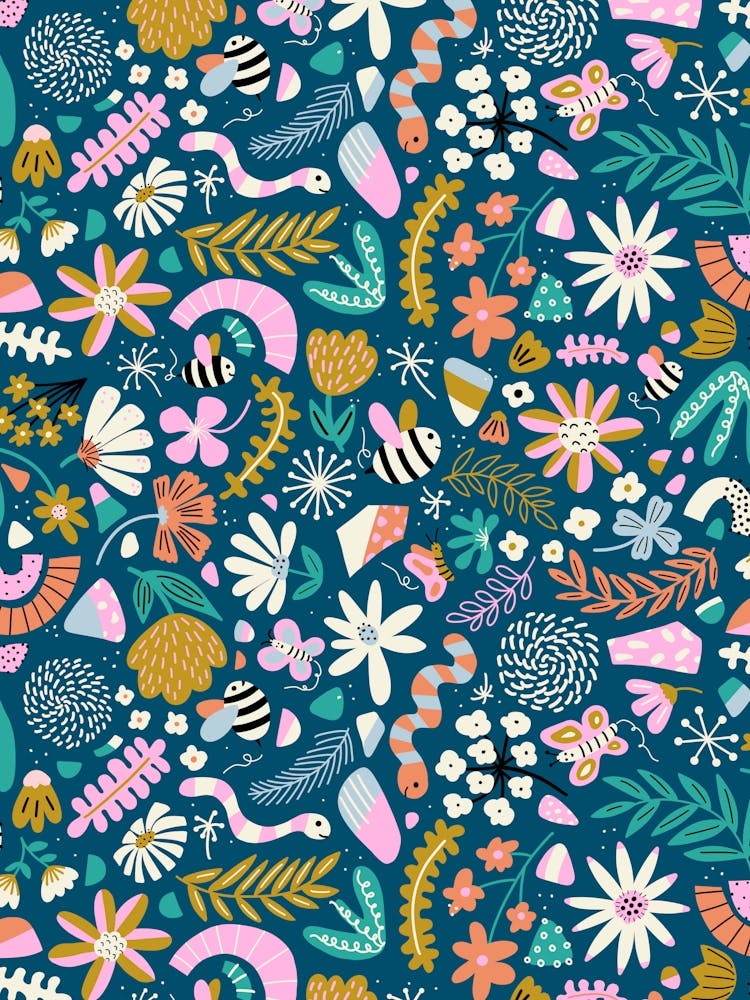 Wild Grass Adventures Happy Bugs in a Field Teal, Orange, Yellow, Pink Kids