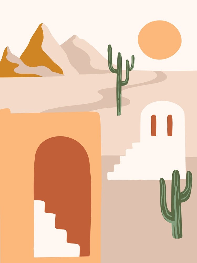 Cactus In The Desert. Morocco - boho travel pastel vector minimalist poster
