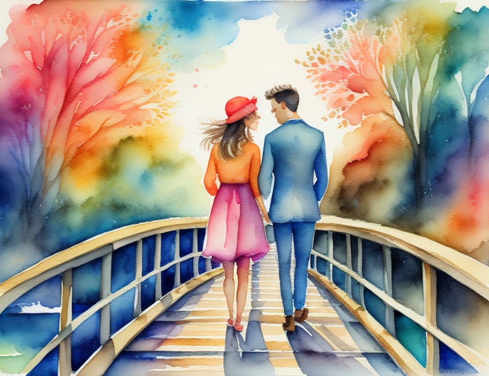 Watercolor Couple Walking On The Bridge
