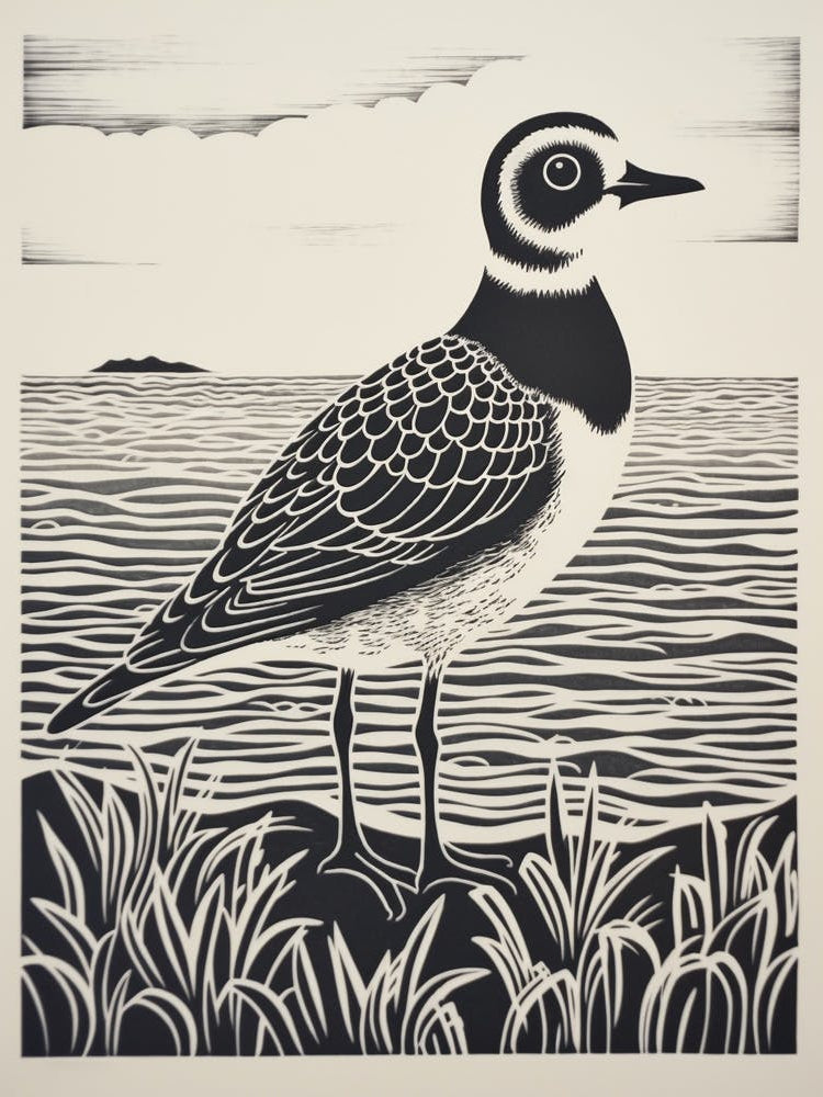 B&W Bird Linocut Grey Plover 2