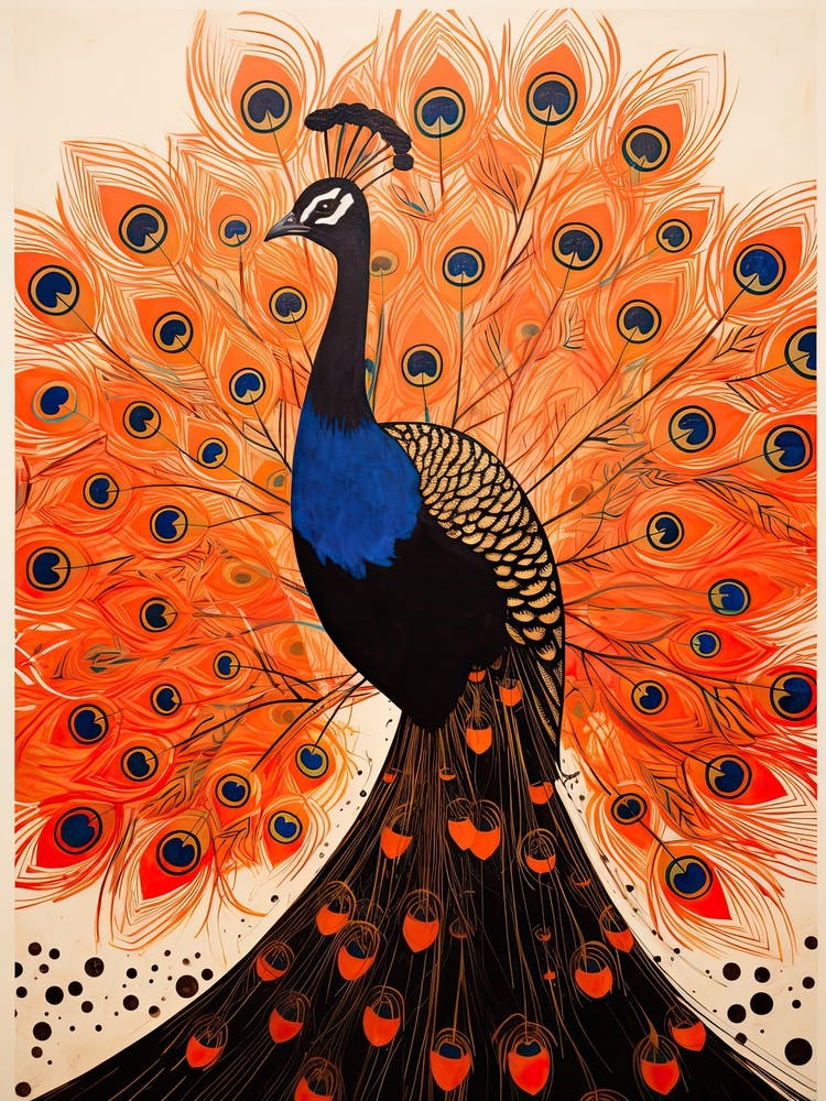 Peacock, Woodblock Animal Drawing 2