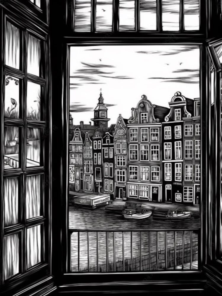 A Window View Of Amsterdam In The Style Of Black And White  Line Art 4