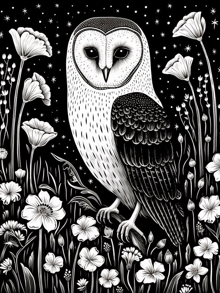 B&W Bird Linocut Barn Owl 1