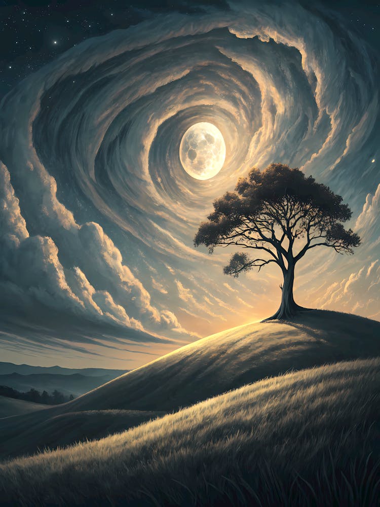 Peaceful Hilltop with Moon and Swirling Sky Oil Painting