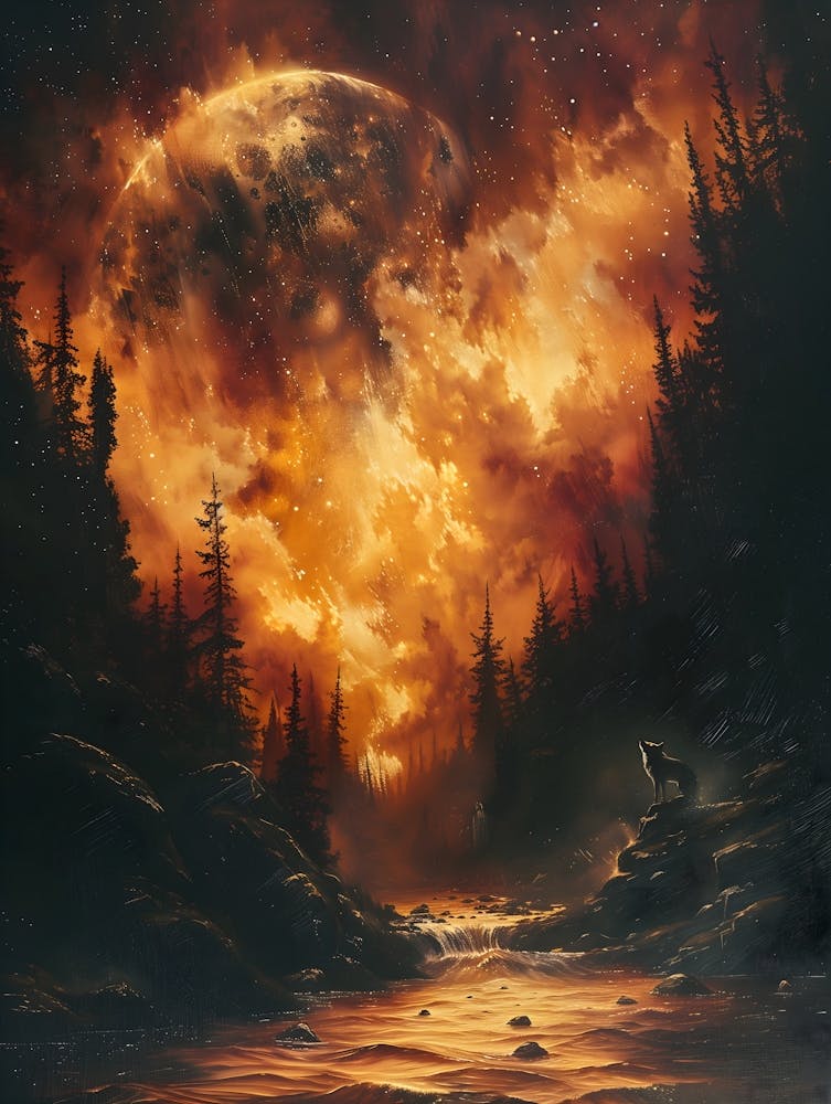 Wolf In The Woods, Bichromatic, Surrealism, Impressionism