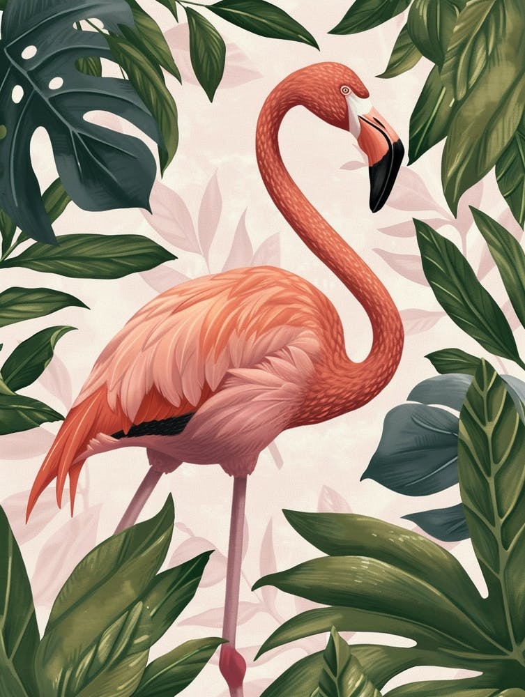 Jamess Flamingo And Philodendrons Minimalist Illustration 2