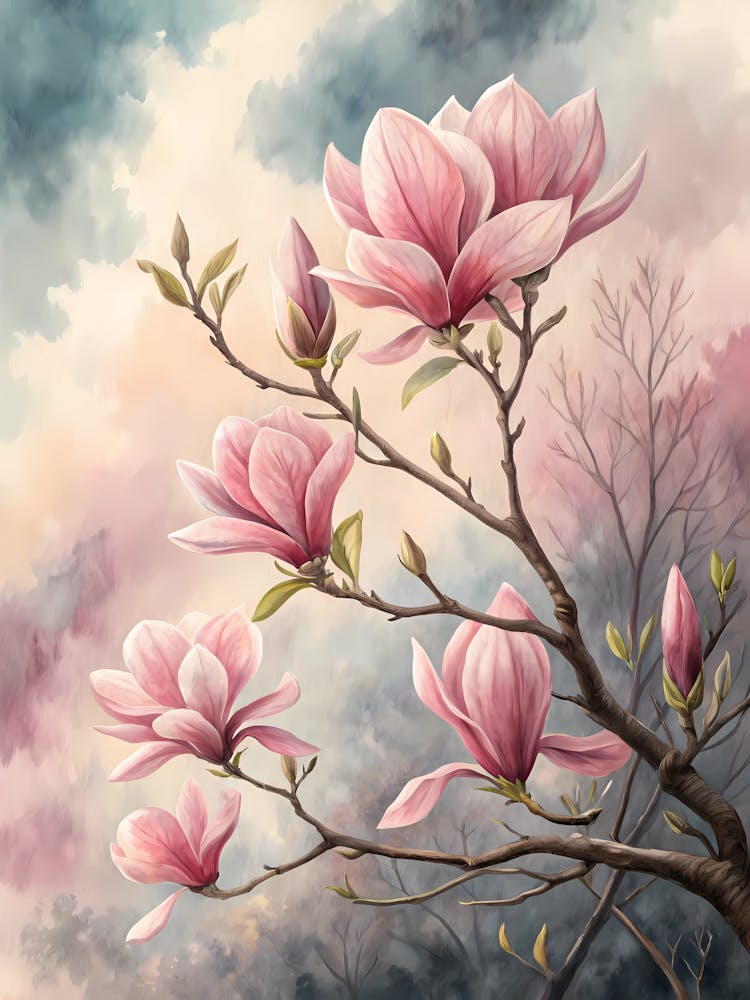 Oil Painting Style Pink Magnolias On Cloudy Watercolor