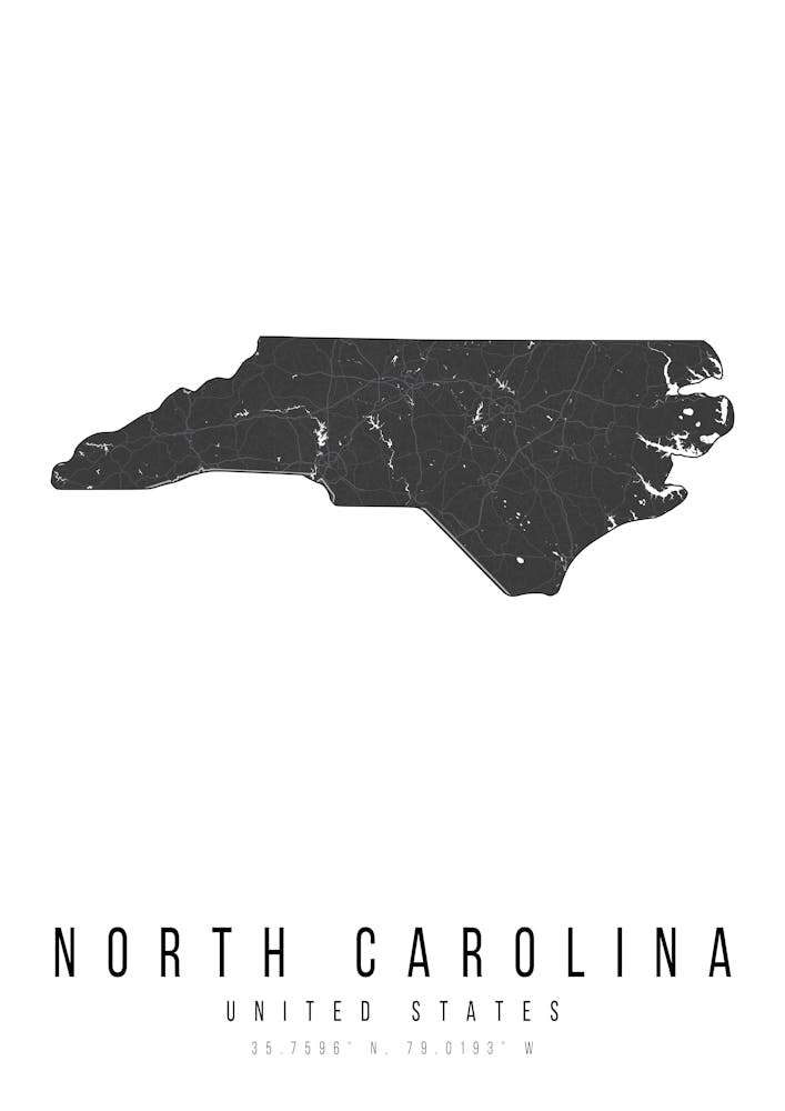 North Carolina Mono Black And White Modern Minimal Street Map