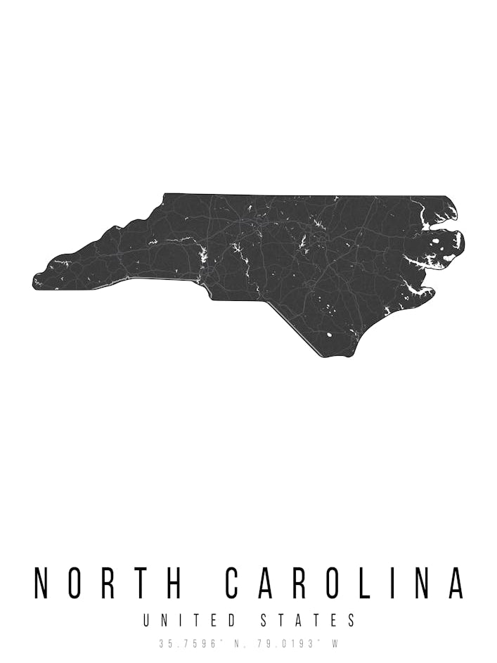 North Carolina Mono Black And White Modern Minimal Street Map