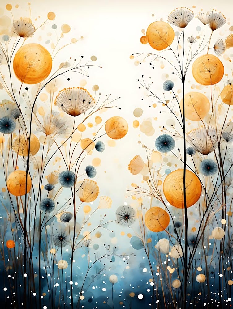 Abstract Painting Of Whimsical Flowers In Orange And Blue Hues