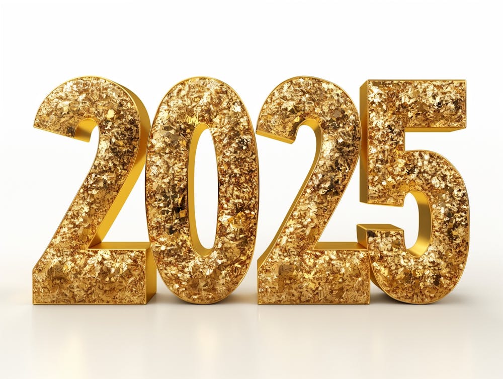 Number 2025 Years Is Embossed In 3d Made Of Sparkling Pure Gold, Super Big And Majestic