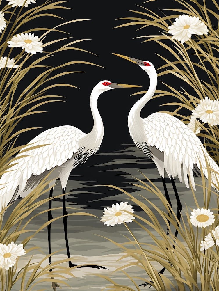 White And Gold Cranes Vintage Japanese Botanical