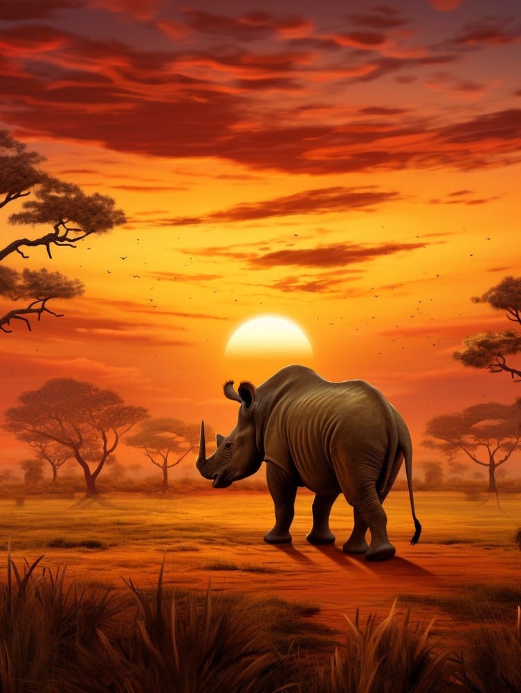 Nashorn Sonnenuntergang Gemälde 1