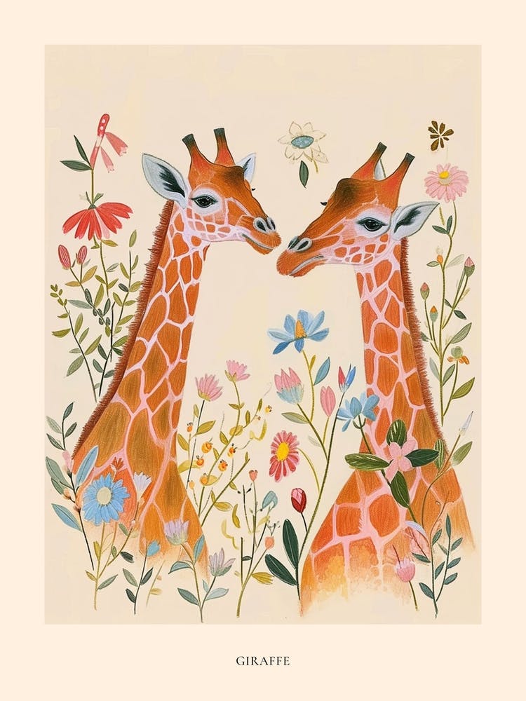 Folksy Floral Animal Drawing Giraffe 5 Poster