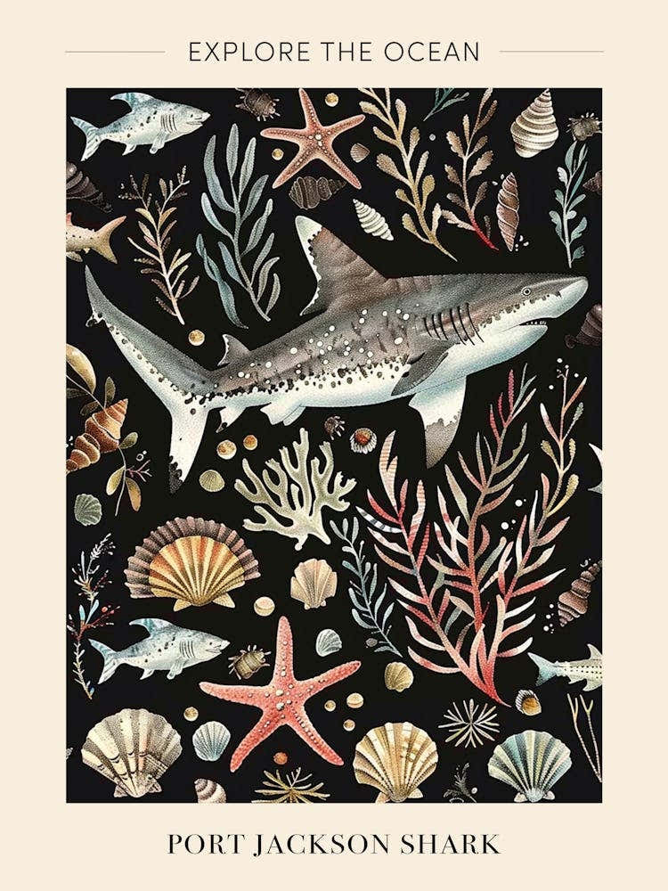 Port Jackson Shark Seascape Black Background Illustration 1 Poster