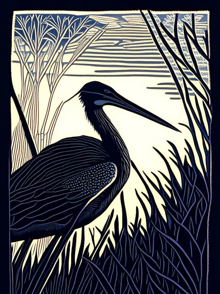 Black Heron Vintage Linocut 2