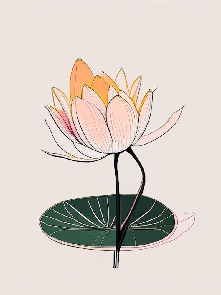 Blooming Lotus Flower In Pond Minimal Line Drawing 5