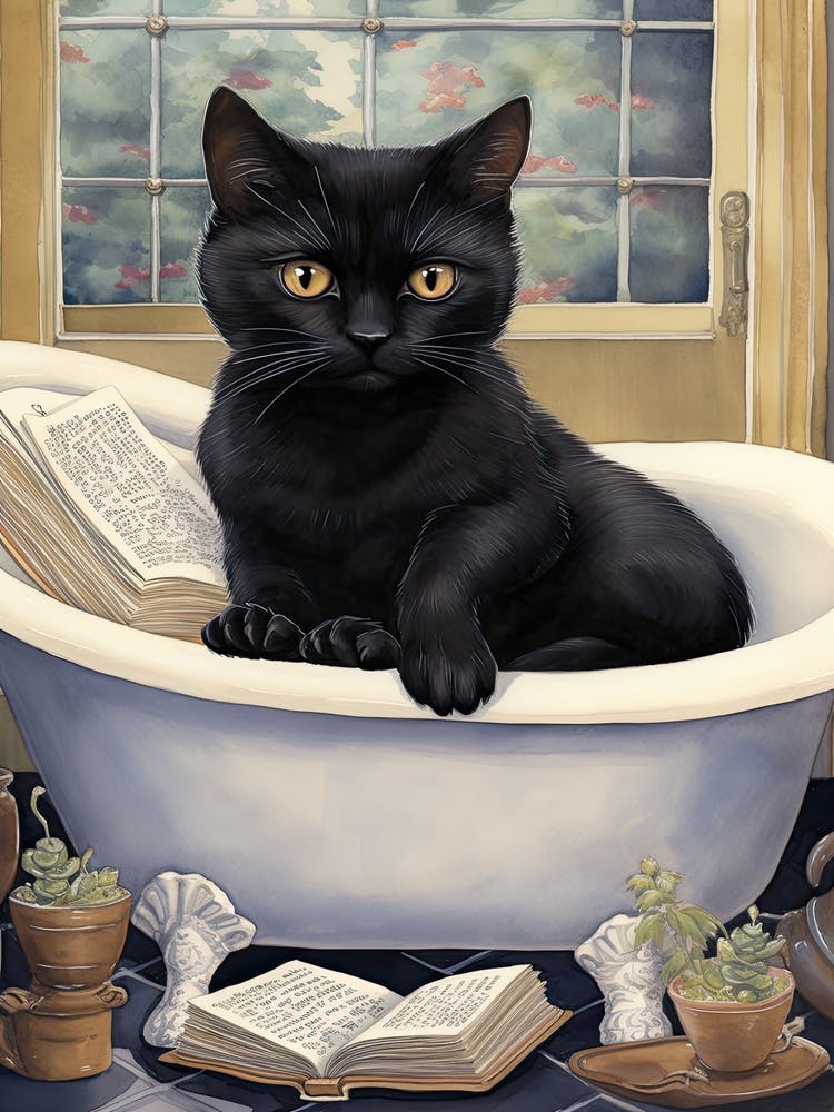 Black Cat In Bathtub Botanical Bathroom 4