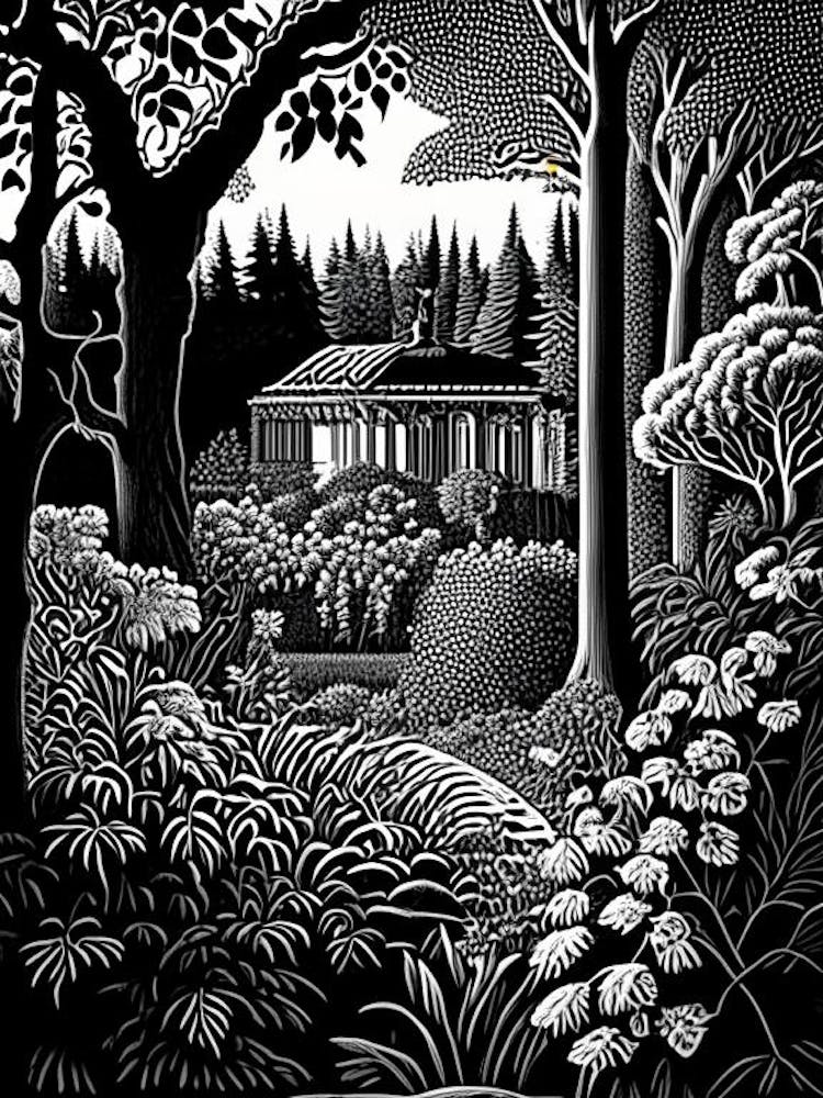 Fredriksdal Museum And Gardens, 1, Sweden Linocut Black And White Vintage