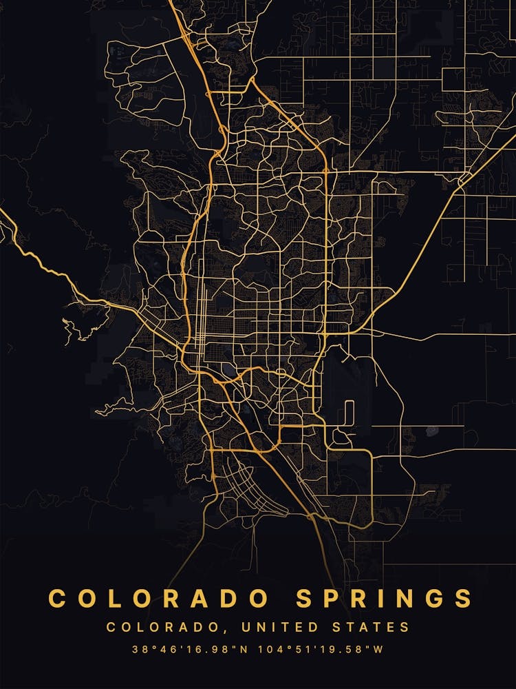 Colorado Springs Colorado USA Black And Gold Map