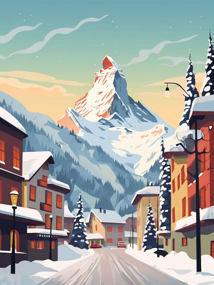 Vintage Winter Travel Illustration Zermatt Switzerland 3