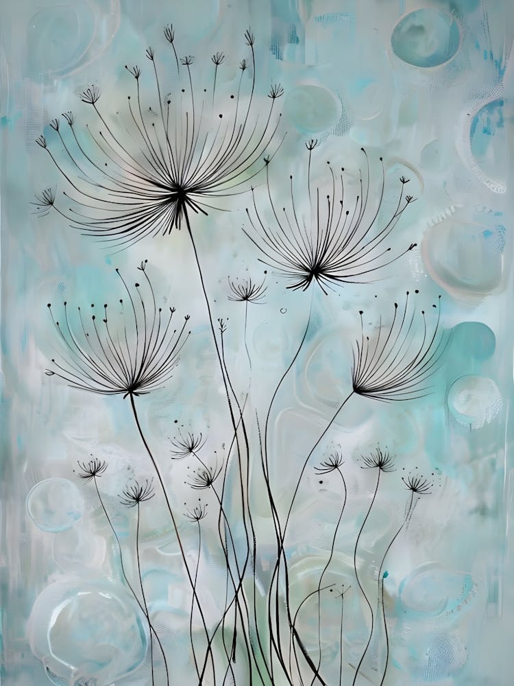 Nature's Ballet: Dandelion Seeds Dancing in a Soft Blue Light