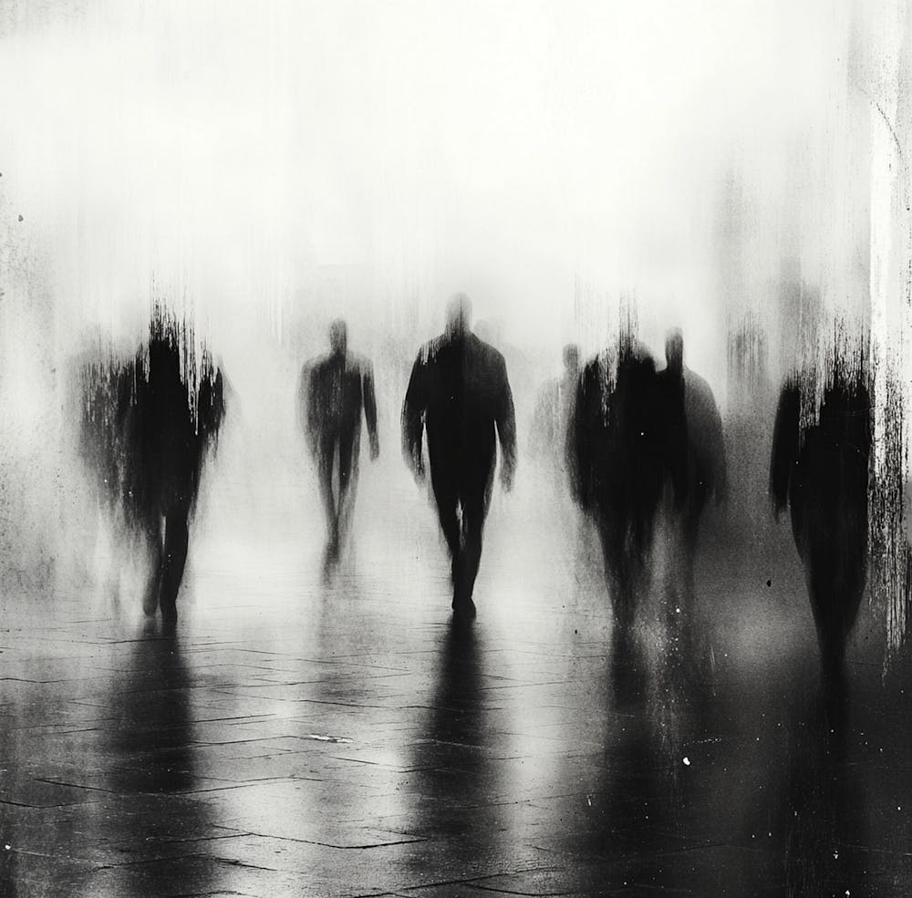 A Black And White Photograph Of Blurry Figures Walking
