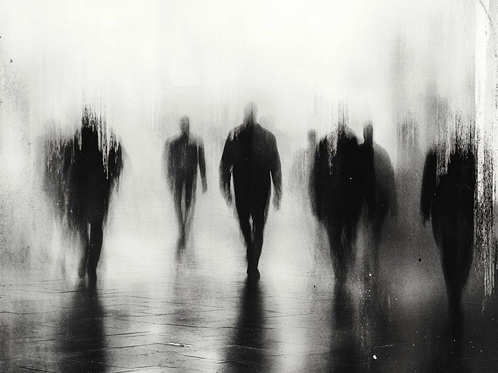 A Black And White Photograph Of Blurry Figures Walking