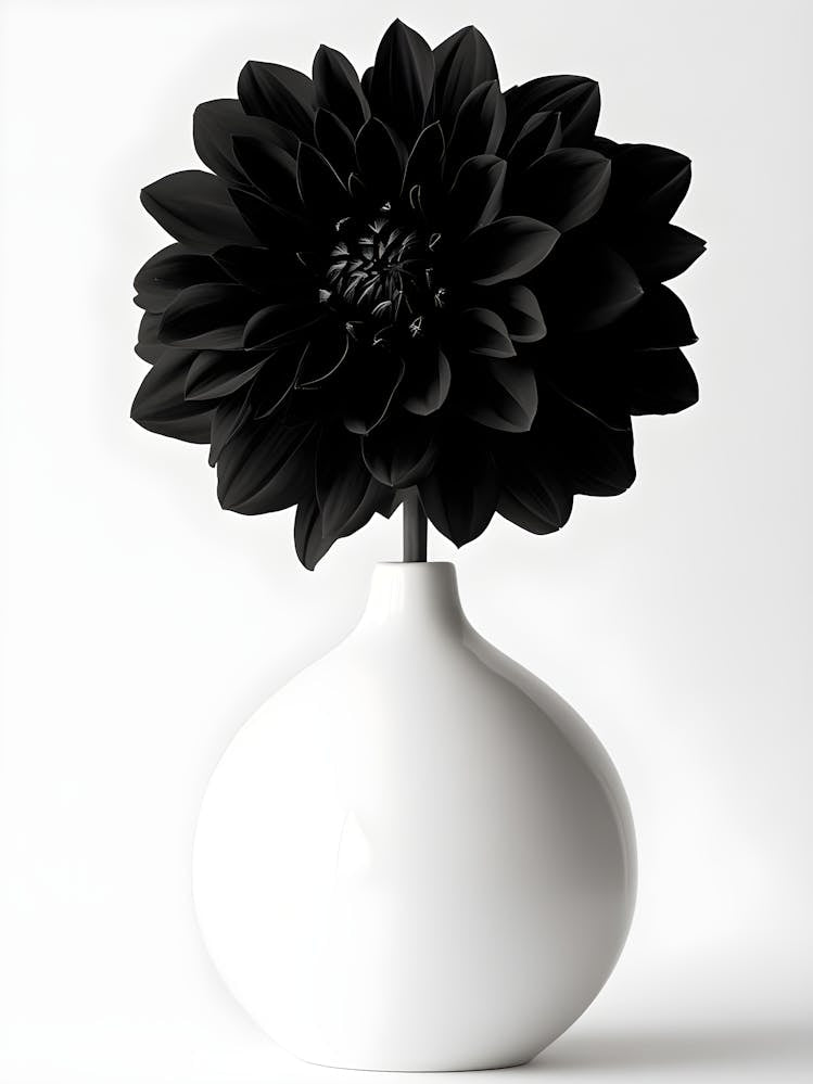 Elegant Black Dahlia in Minimalist White Vase – Modern Botanical Art