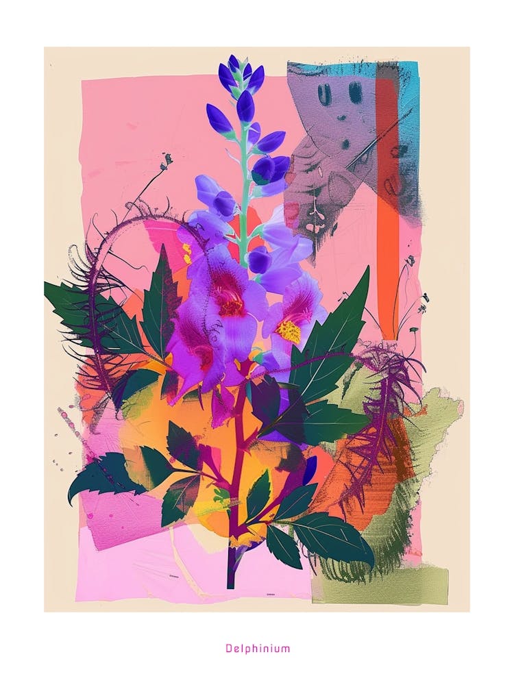 Delphinium 1 Neon Flower Collage Poster