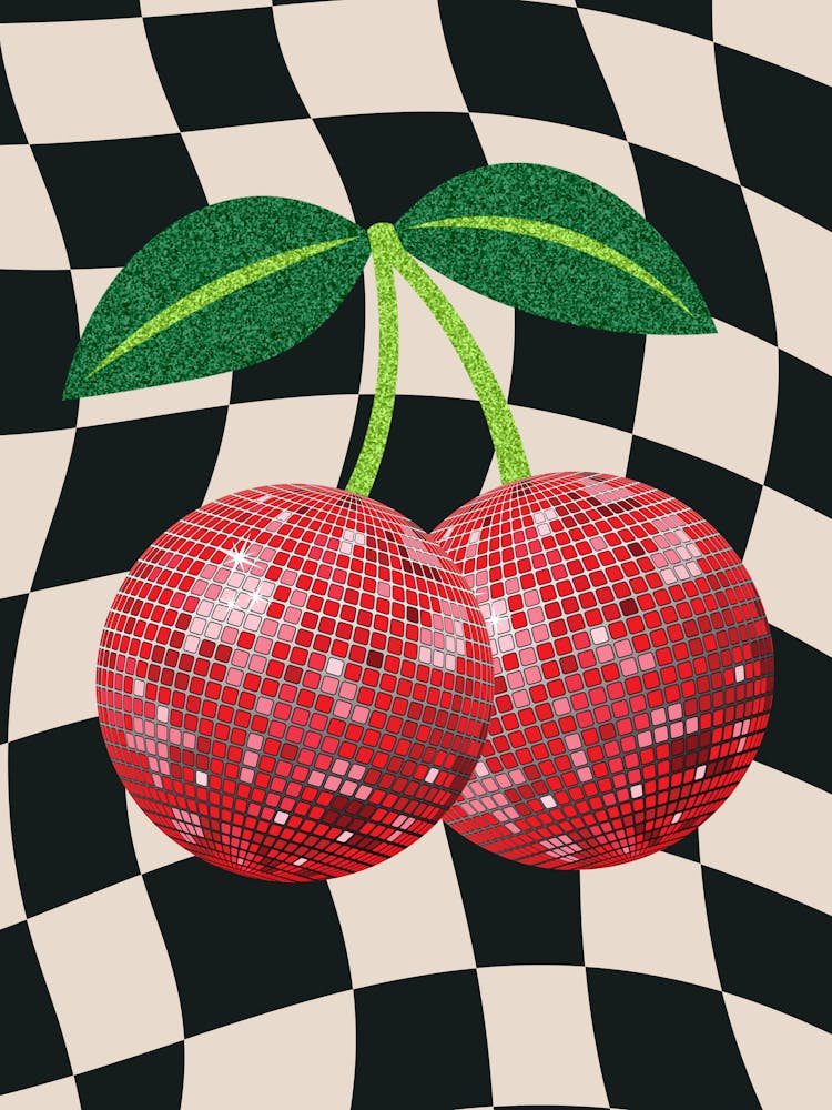 Disco Cherries on Checkered Background