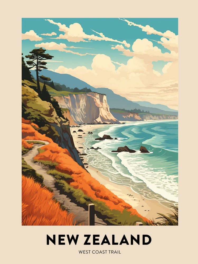 West Coast Trail New Zealand 2 Affiche de voyage randonnée vintage