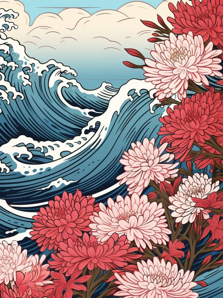 Große Welle mit Asterblumenzeichnung im Stil von Ukiyo E 3
