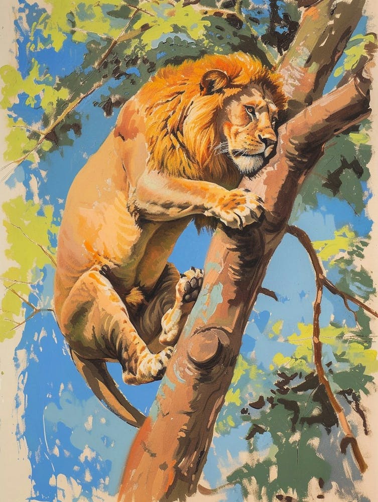 Asiatic Lion Climbing A Tree Fauvist Painting 4