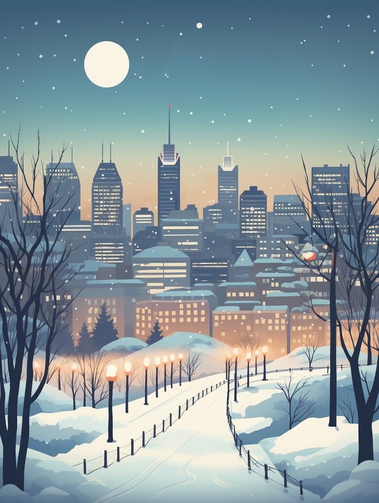 Winter Travel Night Illustration Montreal Canada 3