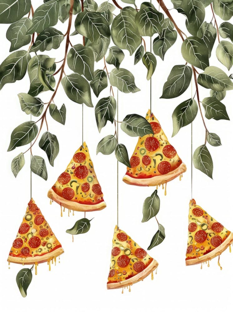 Pizzastücke hängen von Ästen