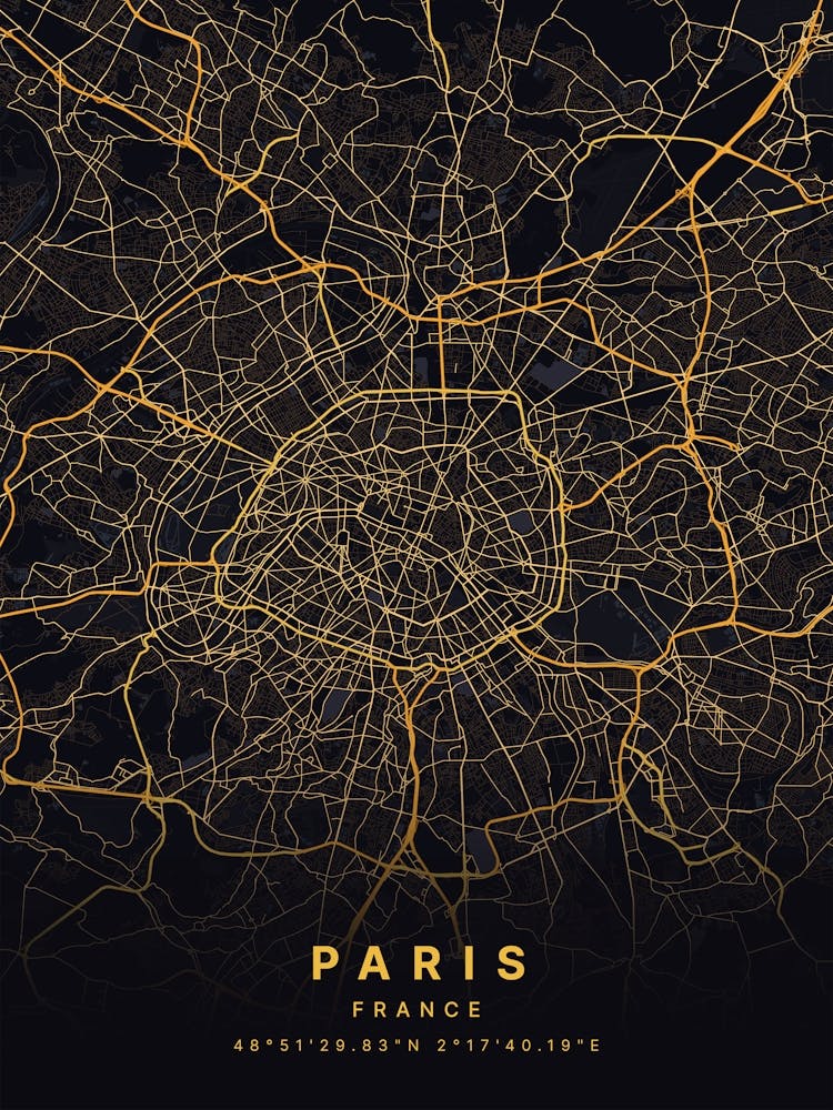 Paris France Black And Gold Map