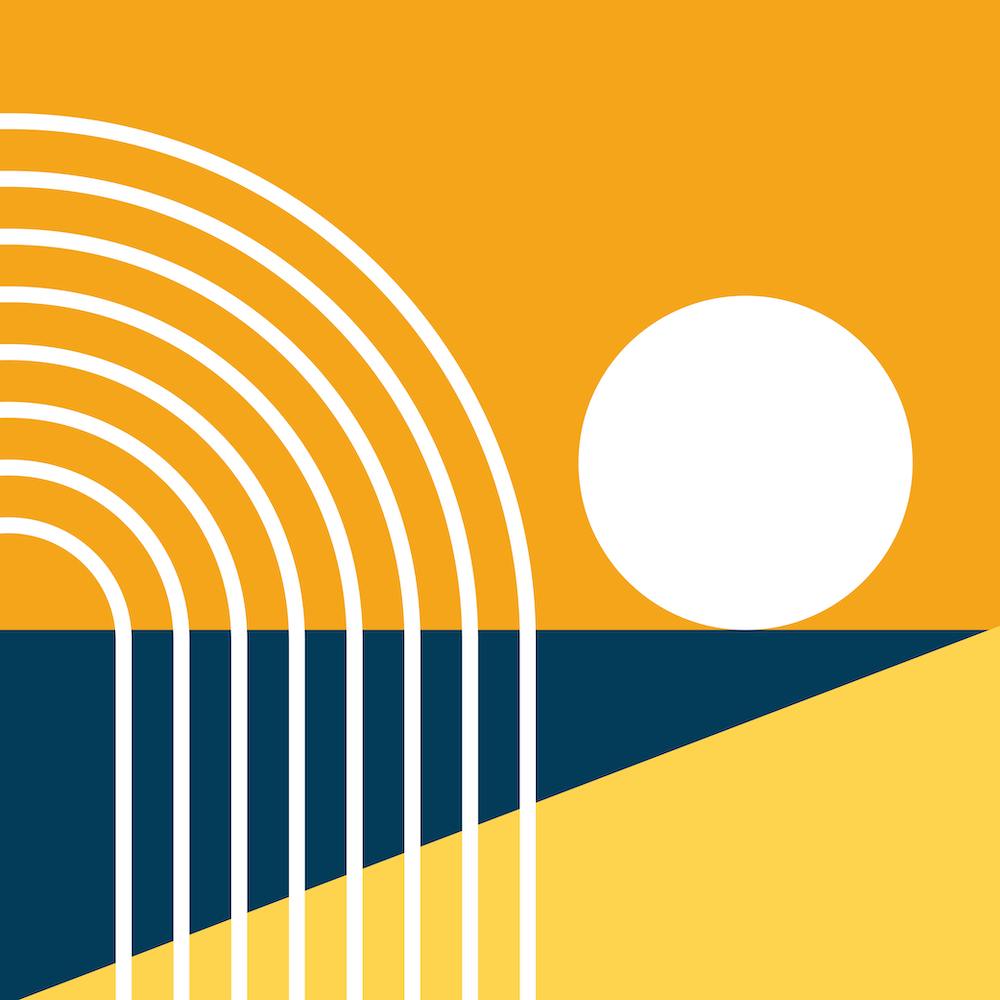 Sun Rise Over The Ocean, Rainbow, Beach Abstract in Mustard Yellow Navy Blue 1
