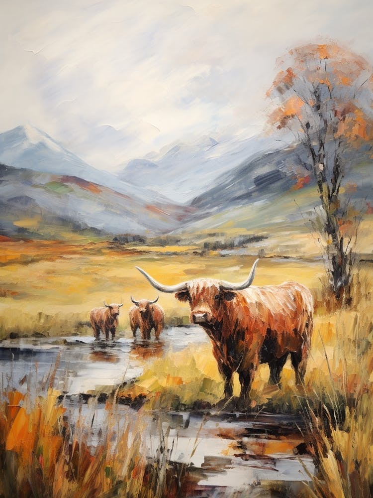 Warm Tones Highland Cow Impressionism Style Painting 2