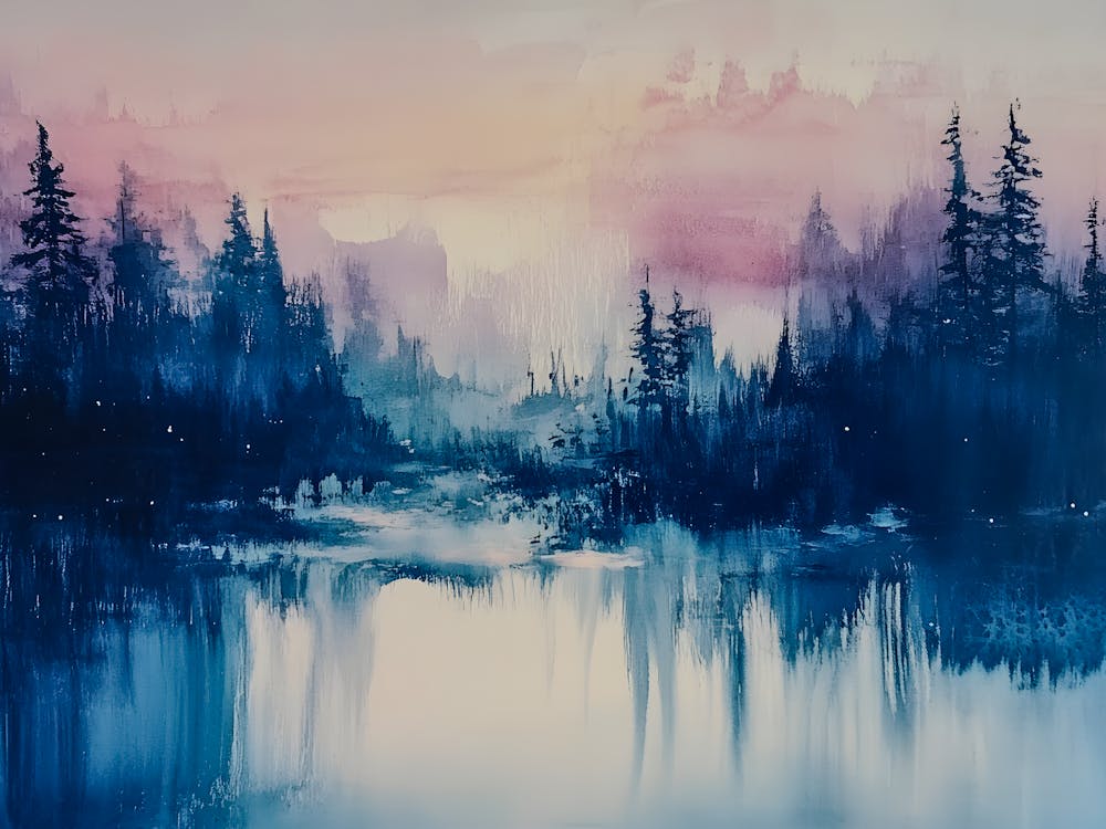 Twilight Reflections - #LandscapeArt #NatureInspired #TwilightScene #CalmWaters #ForestArt #SereneDecor #AbstractNature #ModernLandscape #PeacefulVibes #InteriorDesign #ArtForNatureLovers #WaterReflectionArt #ForestTwilight #ContemporaryWallArt #SoothingLandscape