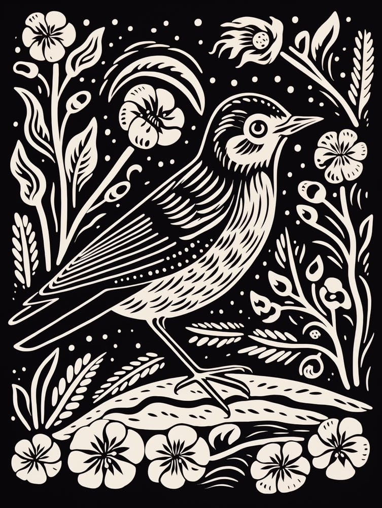 B&W Bird Linocut Lark 1