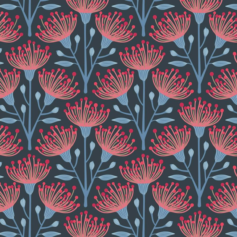 AUSTRALIAN EUCALYPTUS Floral in Deep Red Pink Light Blue on Navy Blue