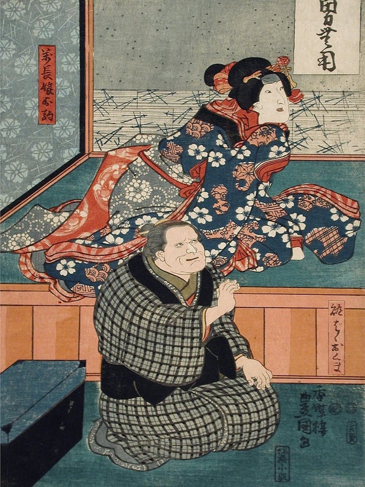 Arashi Otohachi Iii As Makanaibaba Okuma, And Iwai Kumesaburō Ii As Manchō S Daughter Okoma By Utagaw